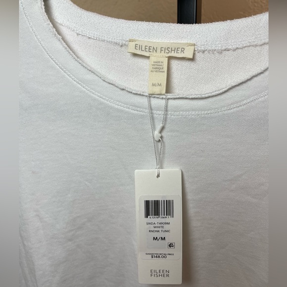 EILEEN FISHER NWT White French-Terry 3/4 Sleeve Raw-Edge Pocket Tunic - Picture 3 of 8
